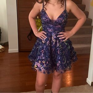 Navy Blue Embroidered Homecoming Dress